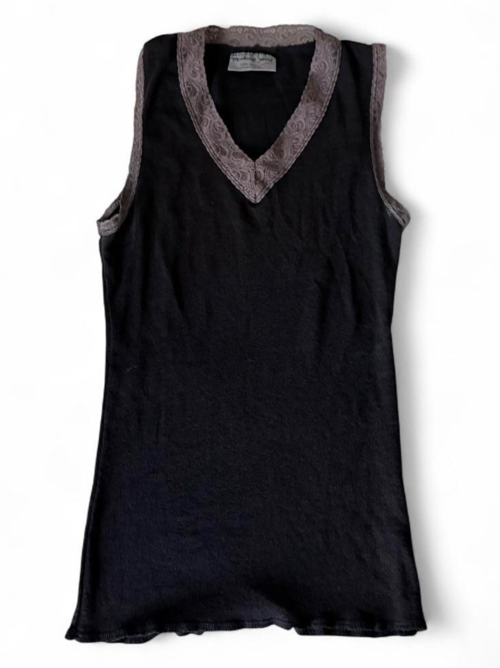 Michael Stars shiny Black Tank with pale purple Lace v-neck Trim